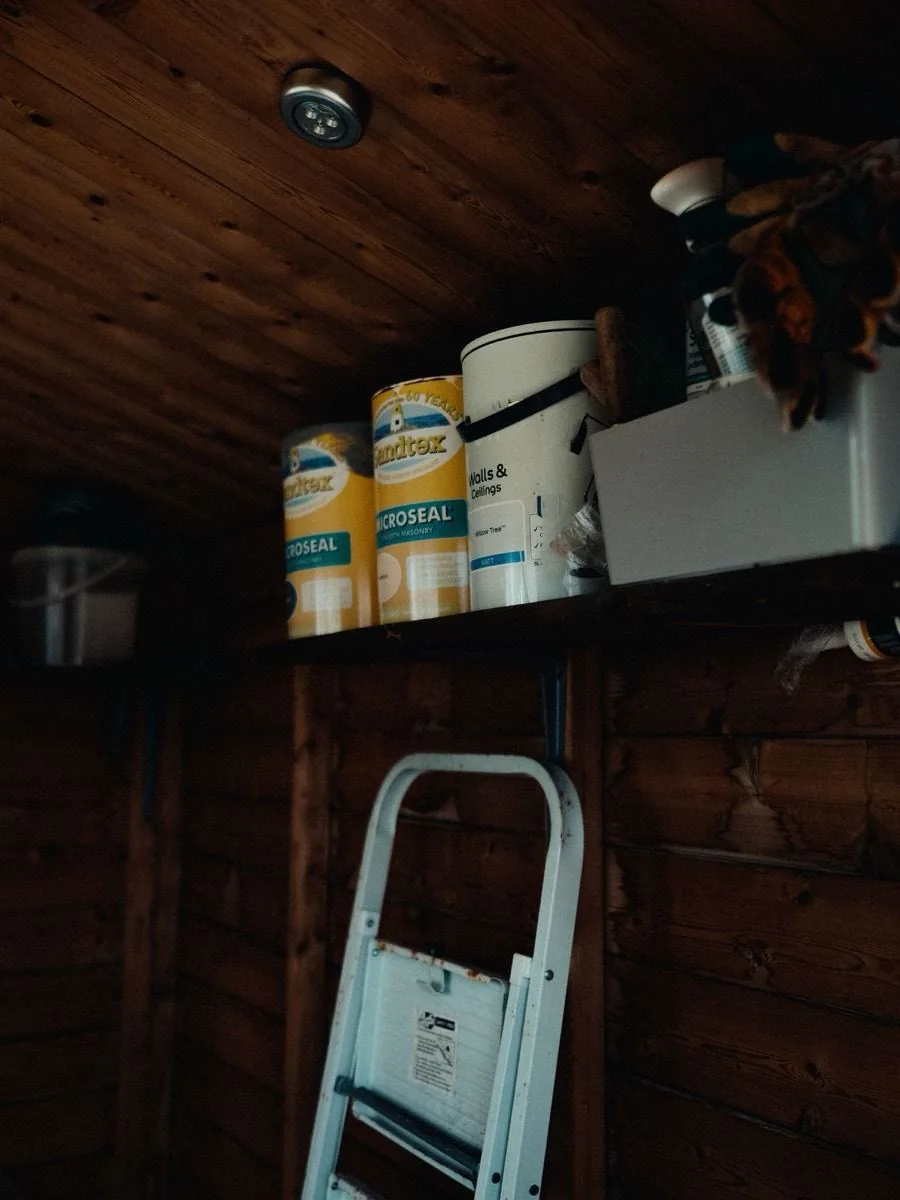 Intérieur d'un abri de jardin en bois avec parois lambrissées et étagère de rangement au-dessus d'un escabeau