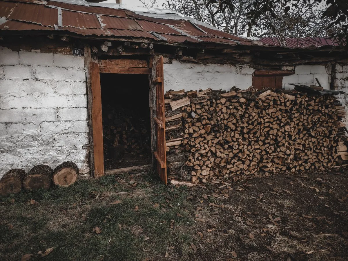 Bûches de bois de chauffage empilées à même le sol, plaquées contre le mur d'un appentis de jardin